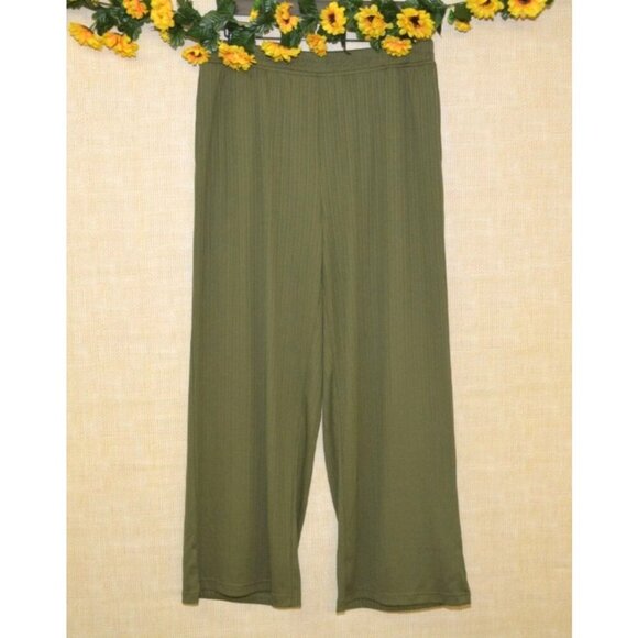 Modern Works Ladies L Olive Green Ribbed Casual Pull On Pants Pockets Wide Leg - Picture 1 of 9